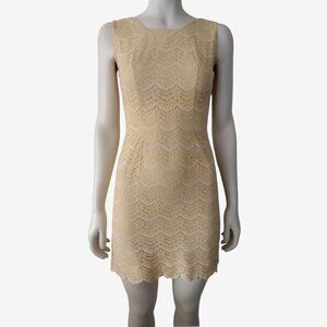 Vintage 1960s Yellow Cotton Scallop Lace Fitted Sheath Mini Dress Size XS